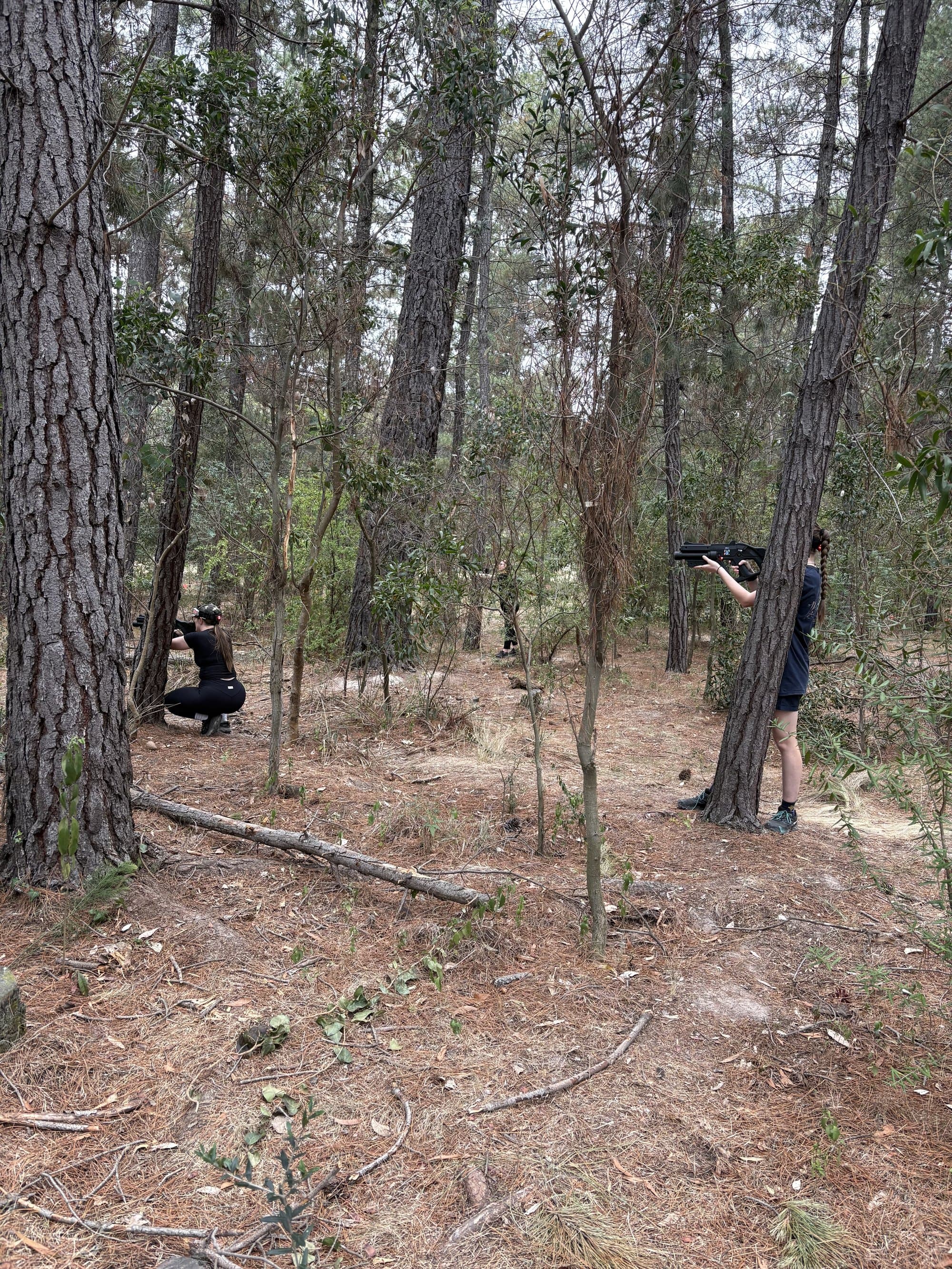 Two players in the pine forest with gear